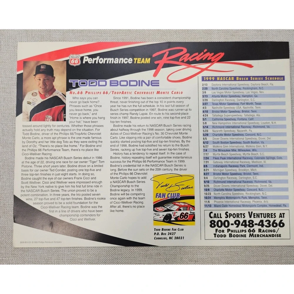 NASCAR Todd Bodine Hero Card 1999 Phillips Racing No 66 Chevy Monte Carlo 8x10
